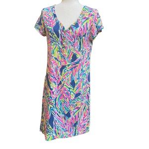 Lilly Pulitzer Palmira Dress Indigo Palm Reader Gold Buttons 100% Cotton Large